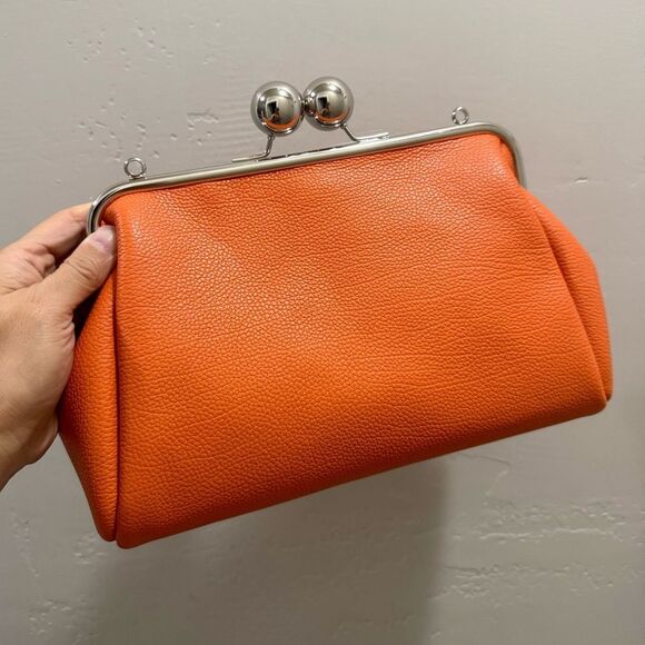 Orange Pebble Leather Handmade Large Balls Kiss Lock Handbag/ Multi Use Style - Picture 7 of 16